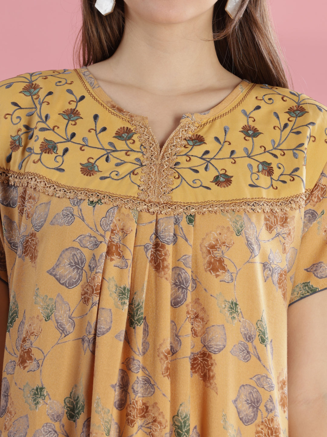 Mustard Yellow Designer Nighty with Embroidery and Pleated Design