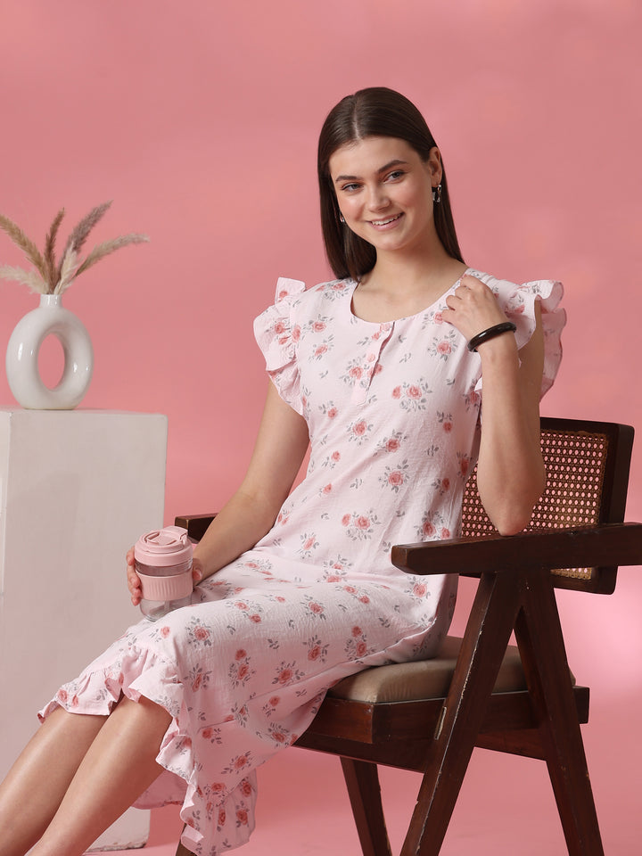 Rose Motif Crush Cotton Nightdress for Women in Rosy Pink