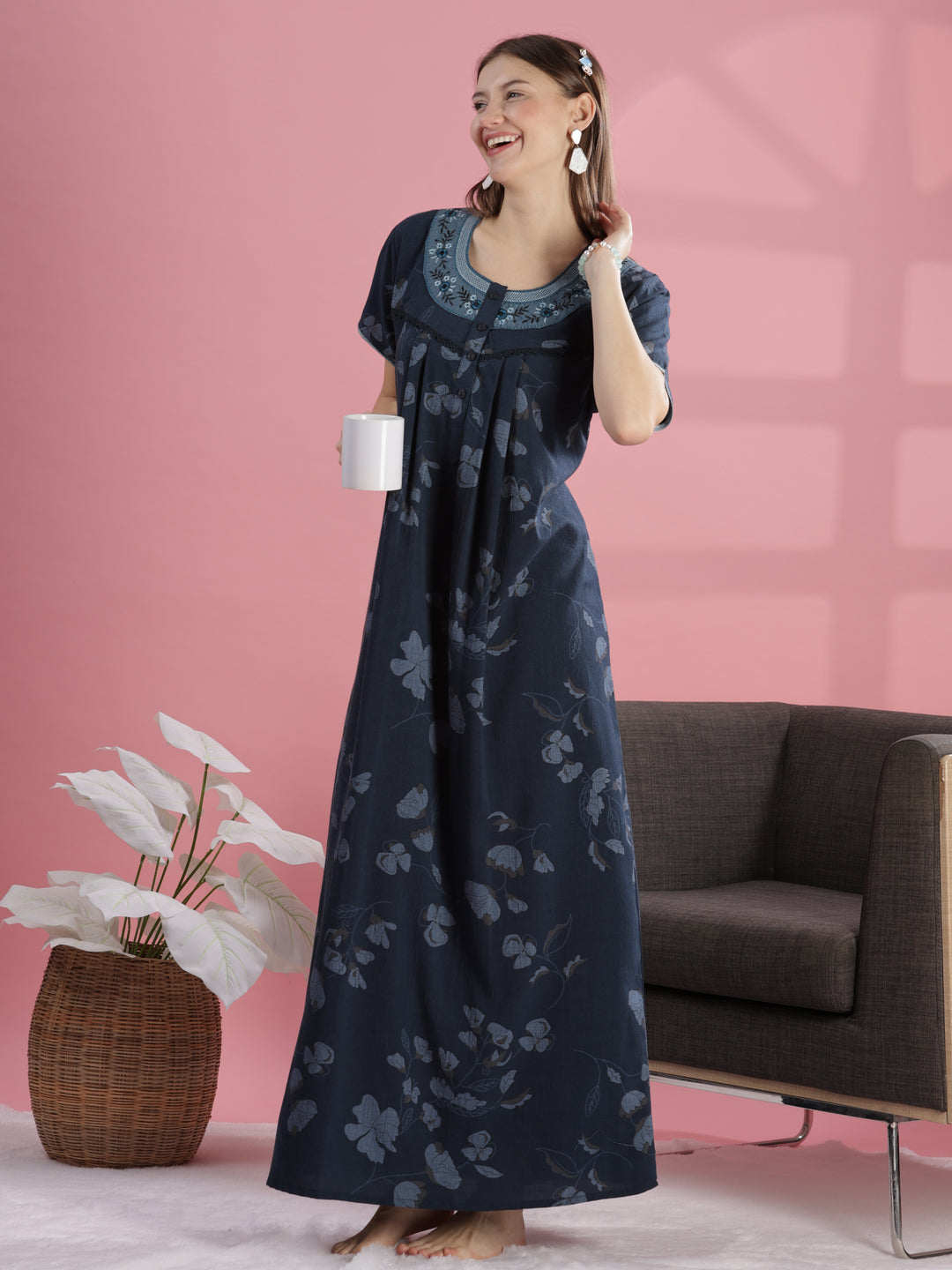 Stylish Trendy Teal Blue Cotton Nighty For Women