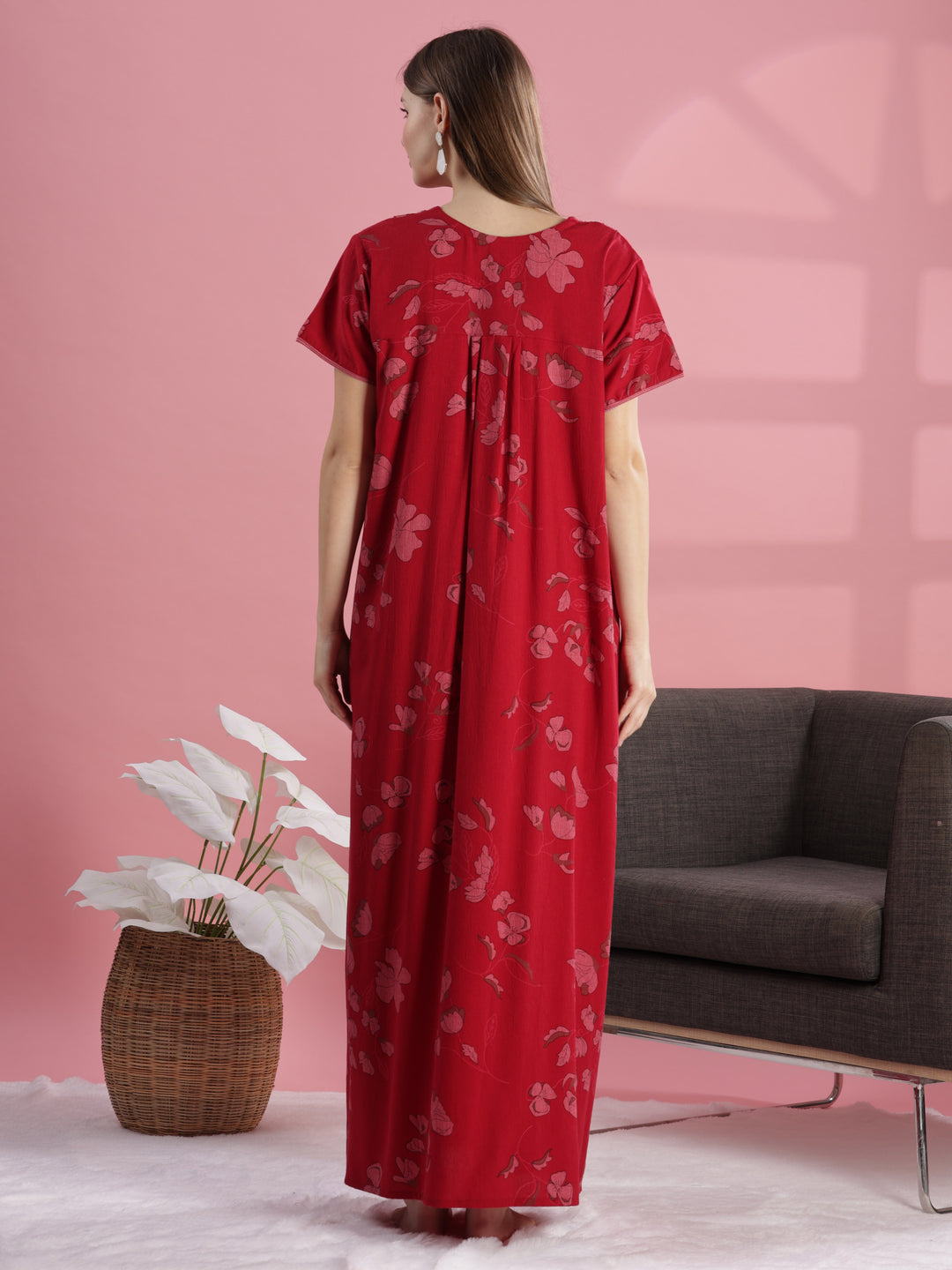 Classic Brick Red Floral Cotton Nighty For Women