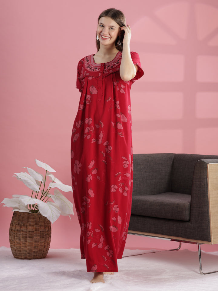 Classic Brick Red Floral Cotton Nighty For Women