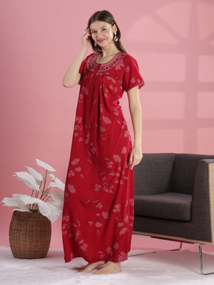 Classic Brick Red Floral Cotton Nighty For Women