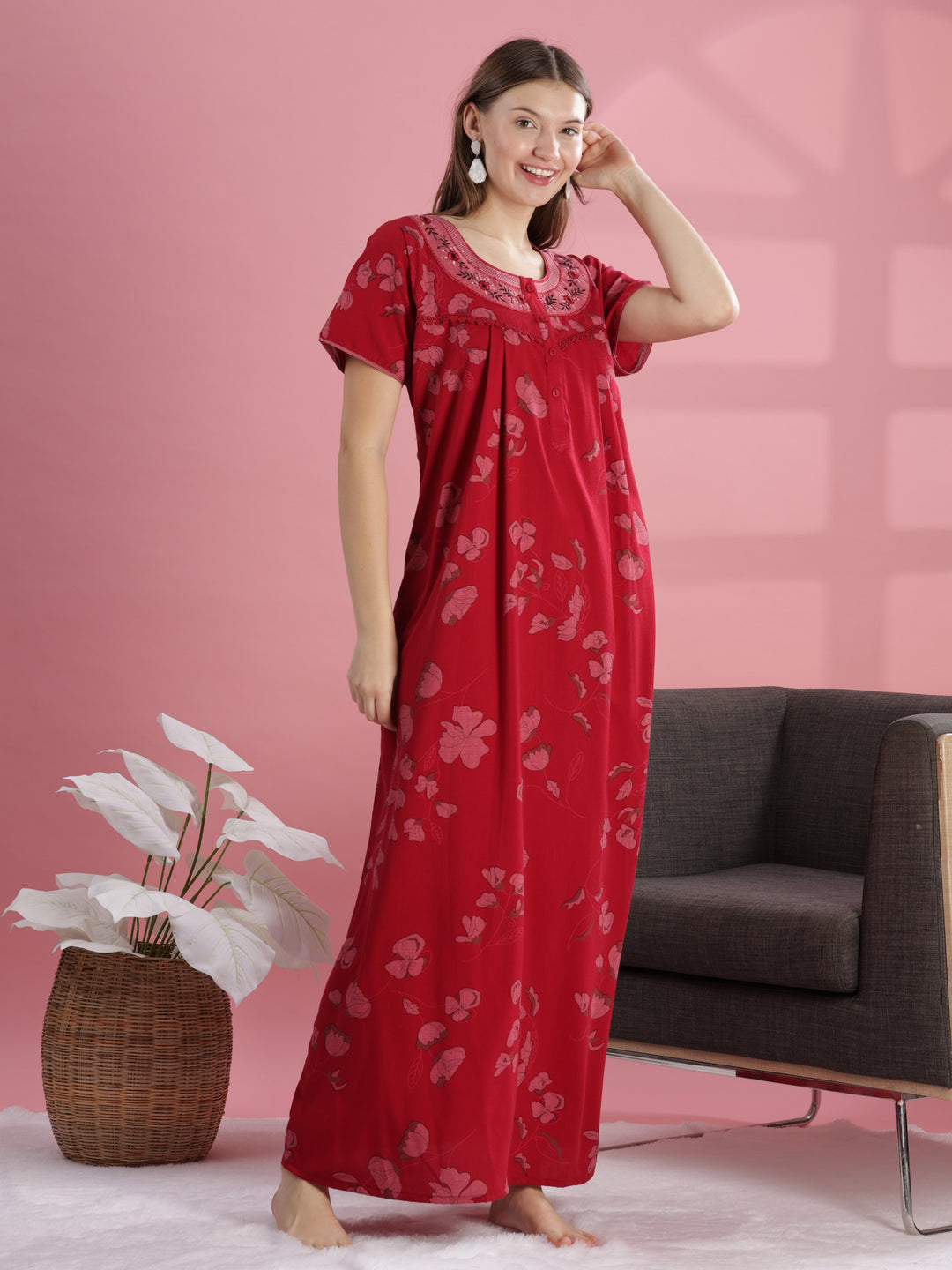 Classic Brick Red Floral Cotton Nighty For Women