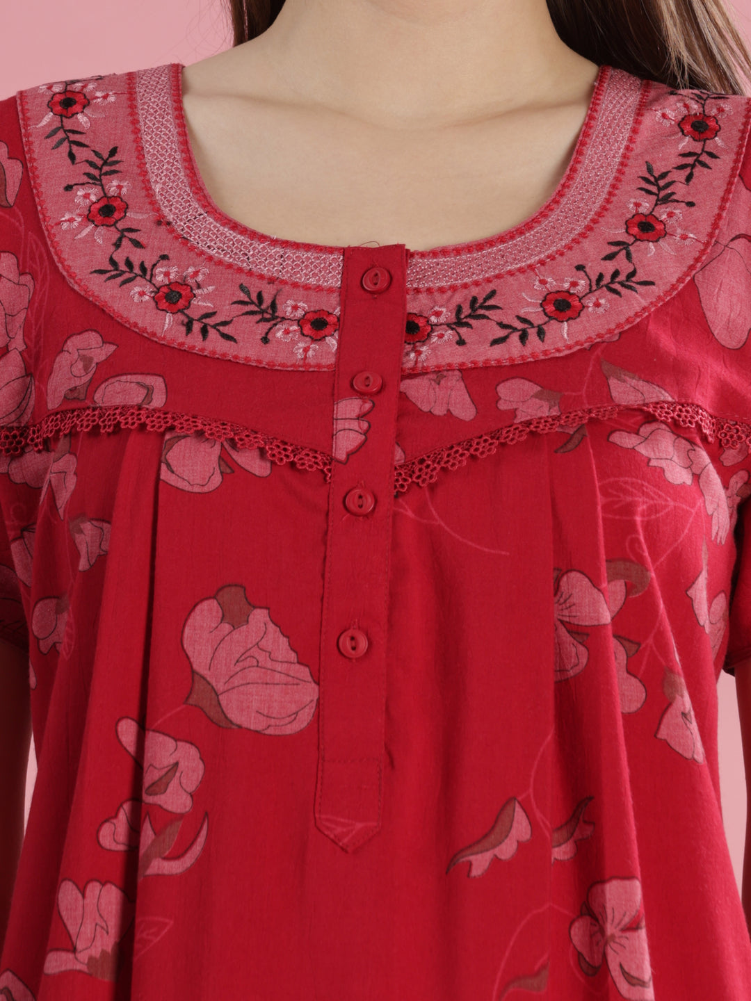 Classic Brick Red Floral Cotton Nighty For Women