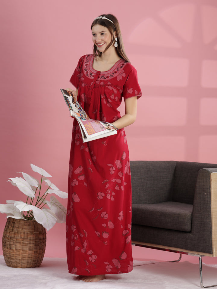 Classic Brick Red Floral Cotton Nighty For Women