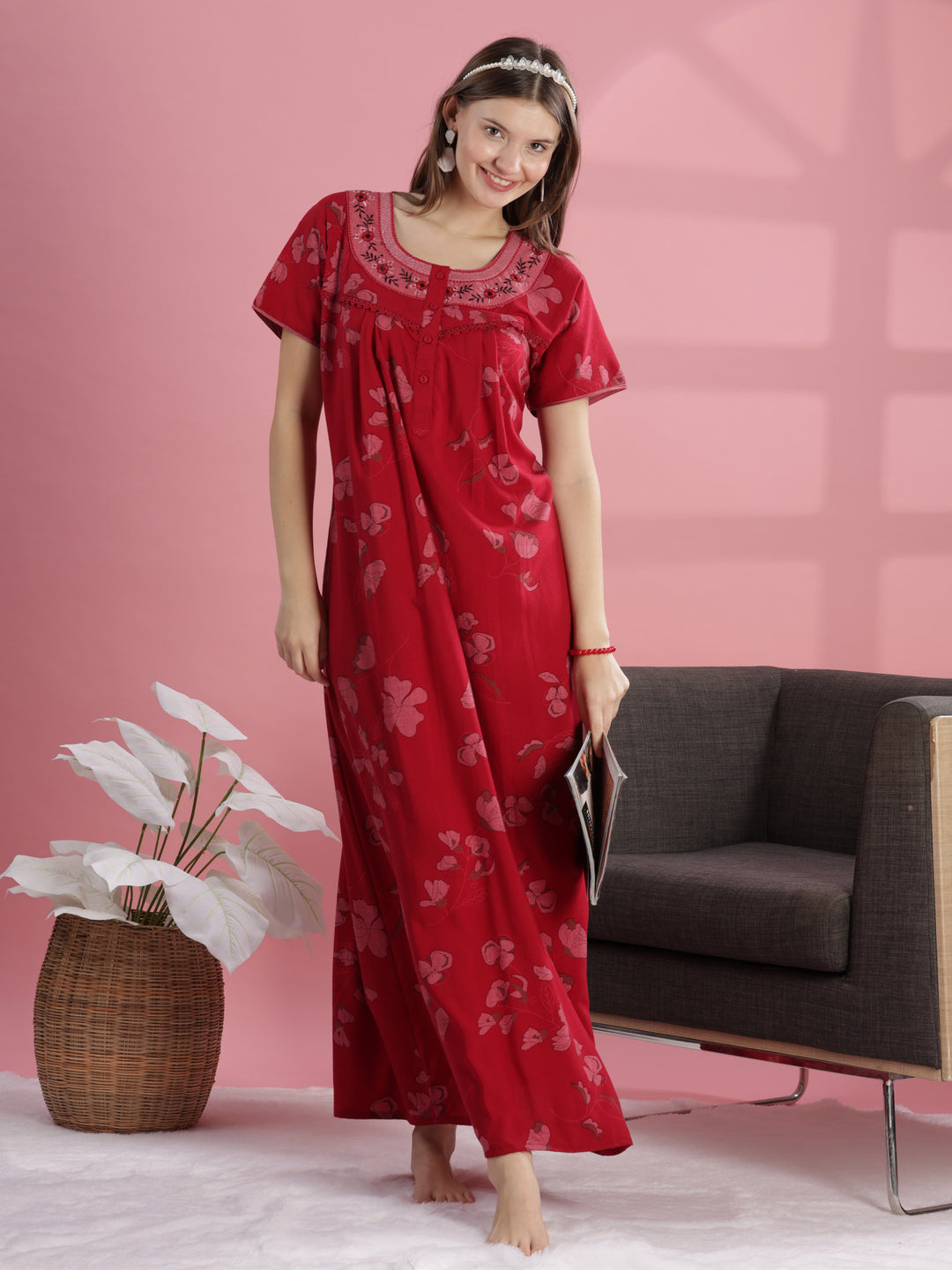 Classic Brick Red Floral Cotton Nighty For Women