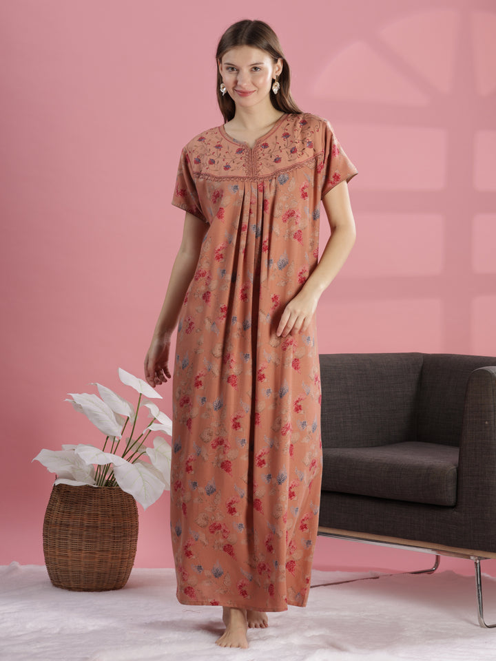 Salmon Peach Alpine Nighty for Women with Floral Embroidery & Pleats