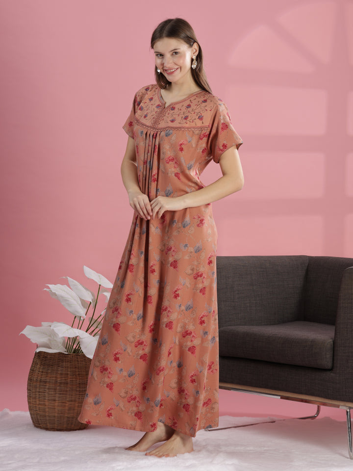 Salmon Peach Alpine Nighty for Women with Floral Embroidery & Pleats