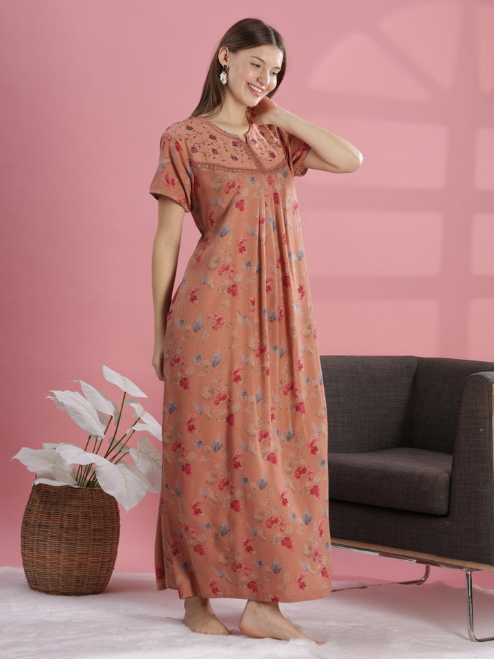 Salmon Peach Alpine Nighty for Women with Floral Embroidery & Pleats