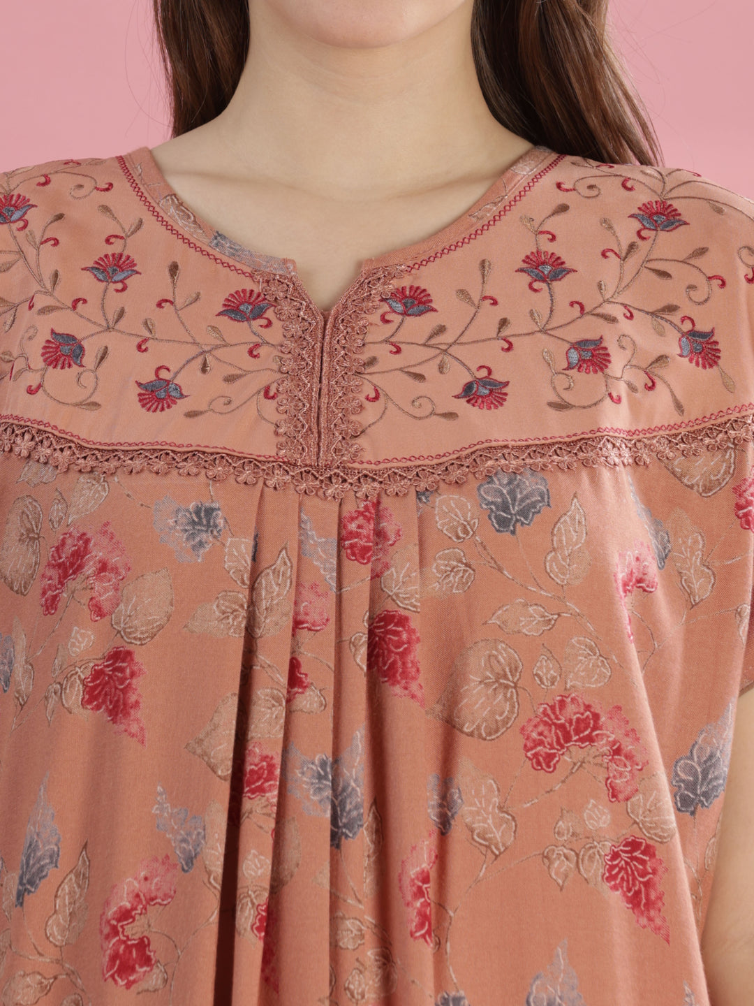 Salmon Peach Alpine Nighty for Women with Floral Embroidery & Pleats