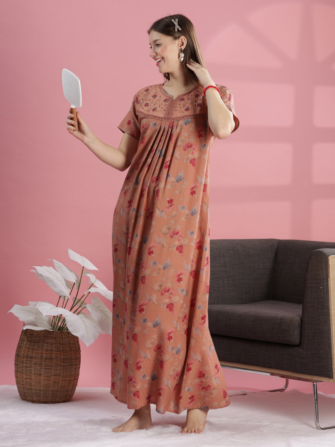 Salmon Peach Alpine Nighty for Women with Floral Embroidery & Pleats