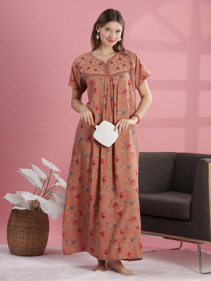 Salmon Peach Alpine Nighty for Women with Floral Embroidery & Pleats