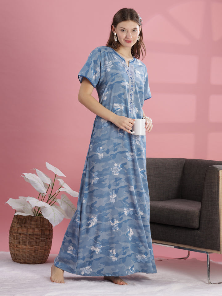 Chic Blue Floral Print Crush Cotton Nightdress for Women