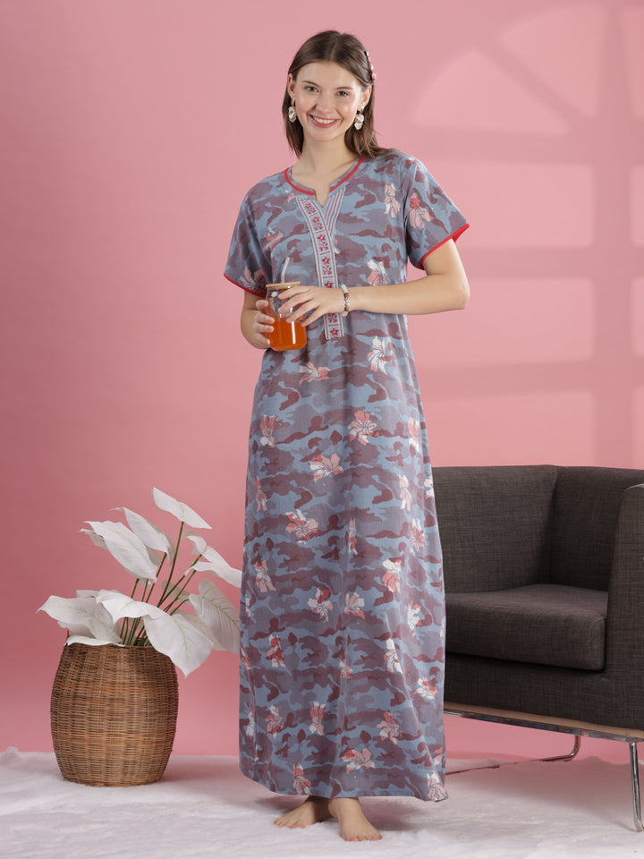 Red Floral Print Crush Cotton Maxi Nightdress for Women