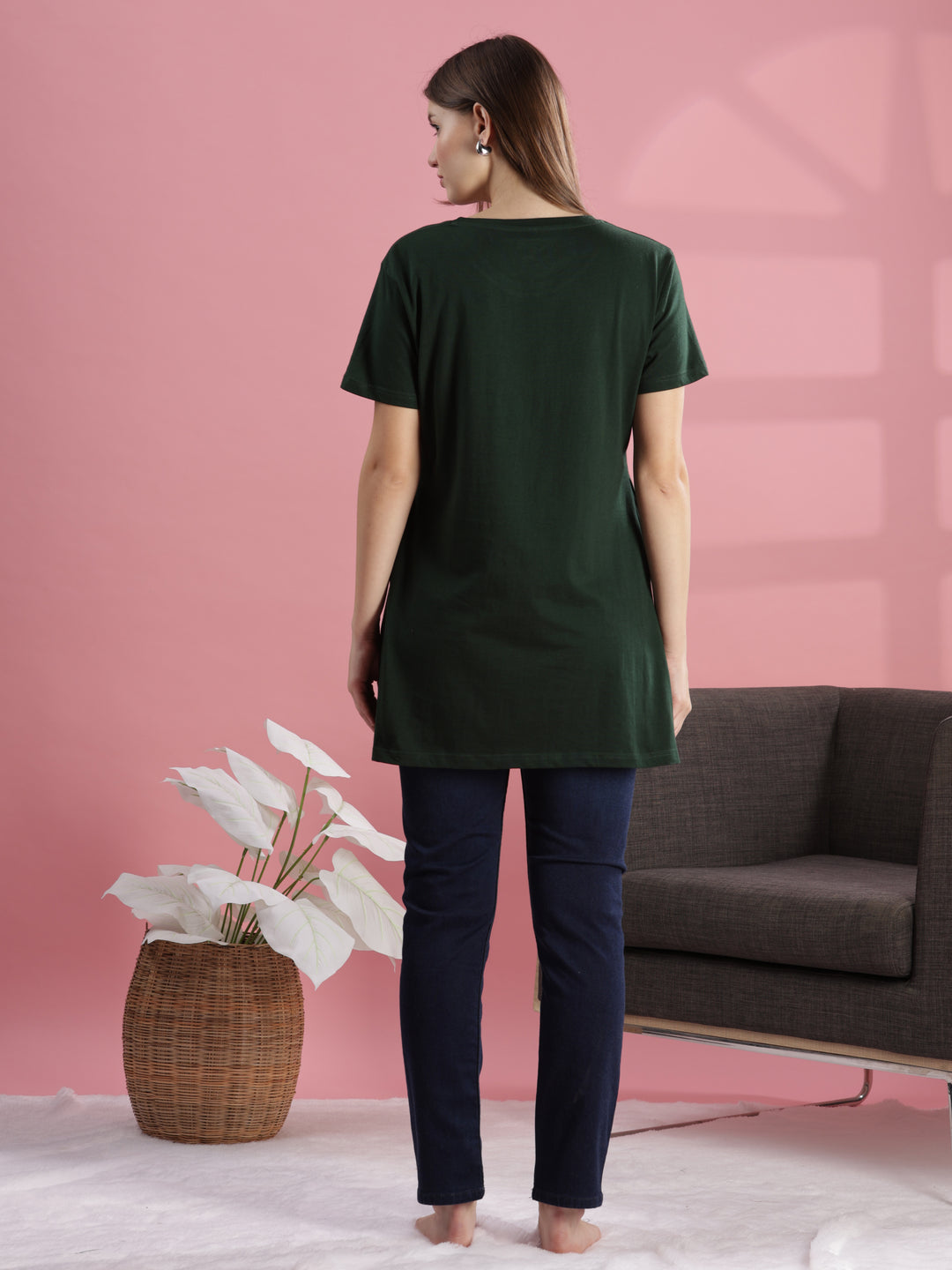 Casual Chic Green Cotton Long T-Shirt for Women