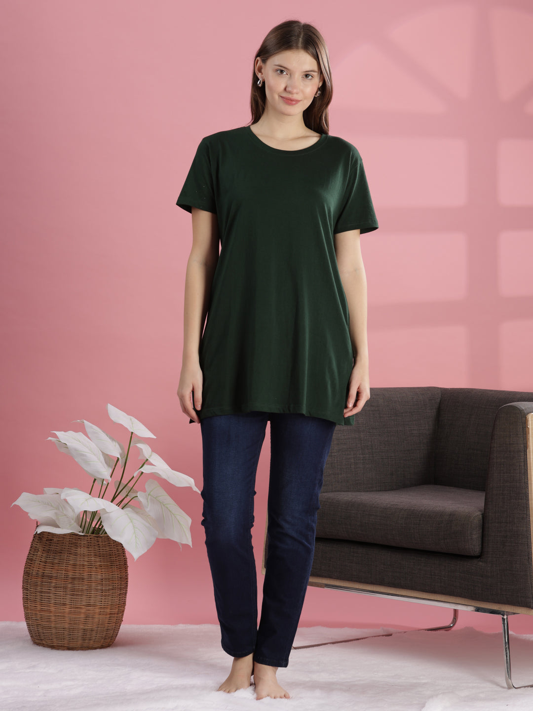 Casual Chic Green Cotton Long T-Shirt for Women