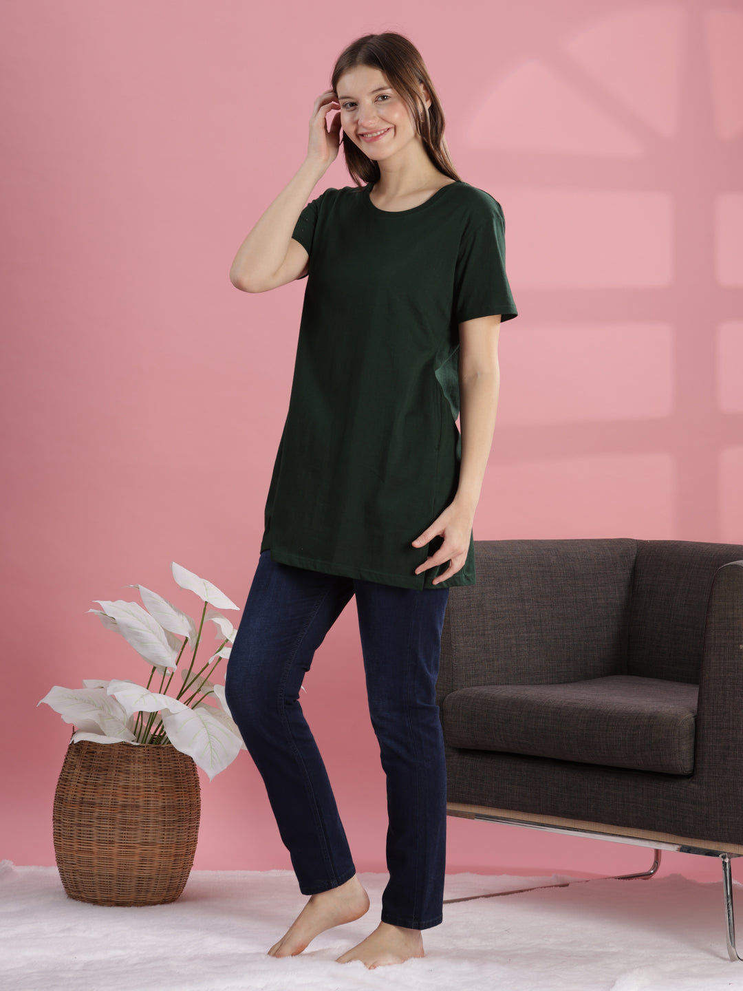 Casual Chic Green Cotton Long T-Shirt for Women