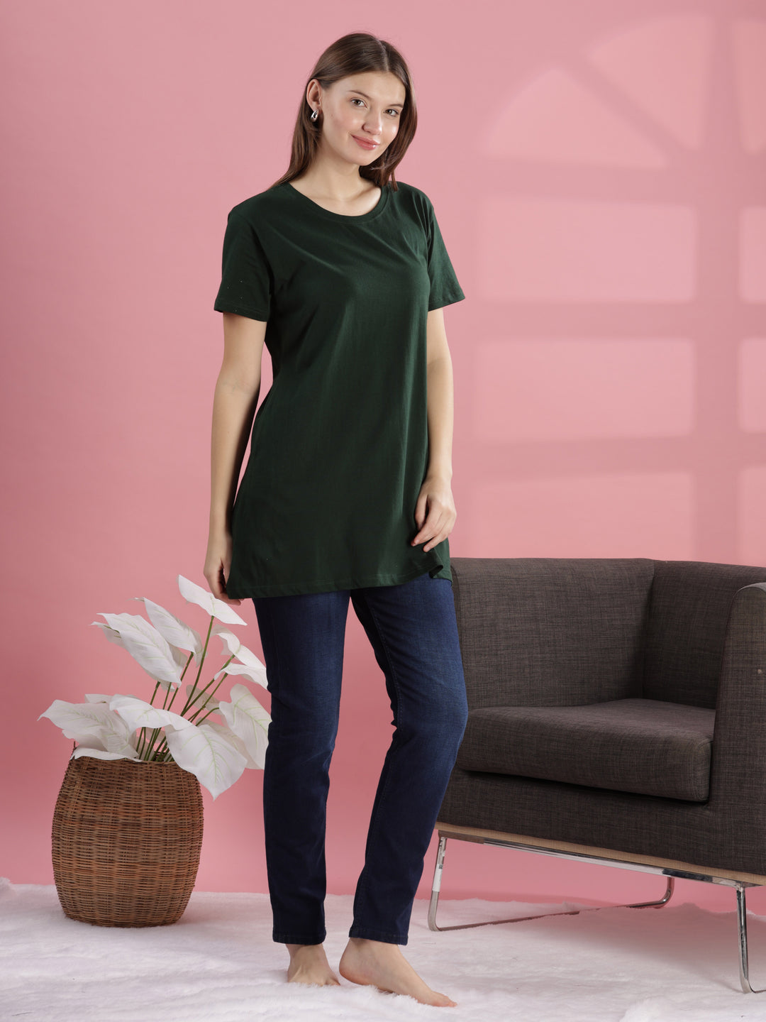 Casual Chic Green Cotton Long T-Shirt for Women