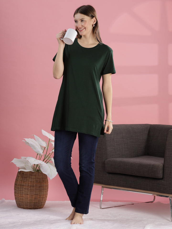 Casual Chic Green Cotton Long T-Shirt for Women