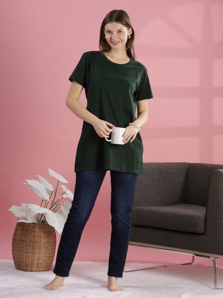 Casual Chic Green Cotton Long T-Shirt for Women