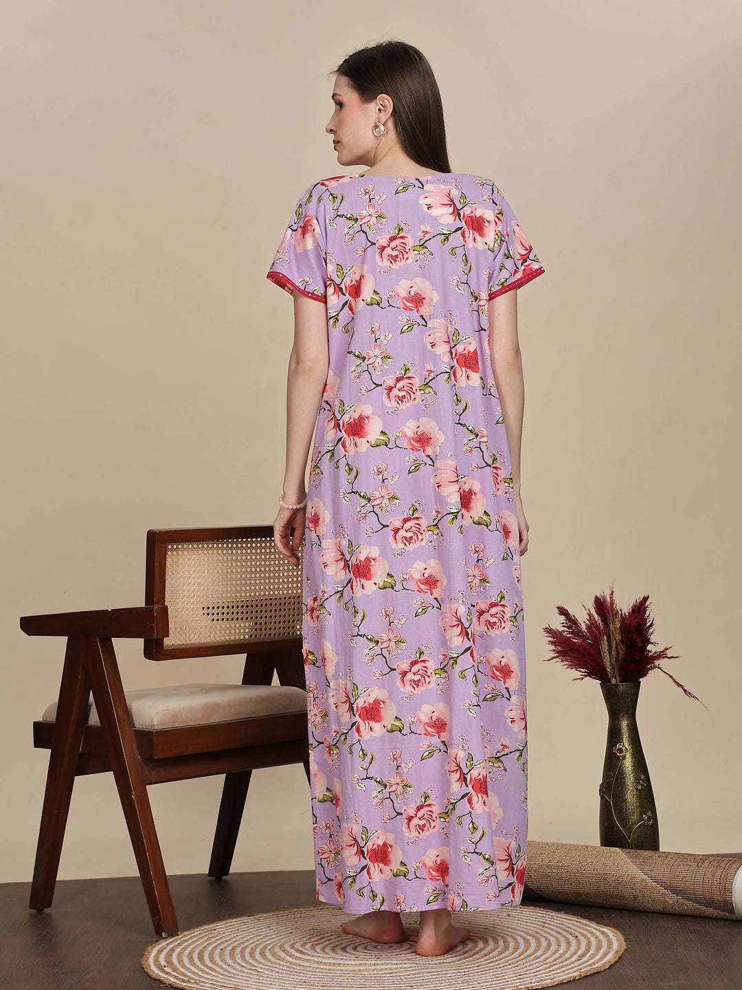 Lavender Floral Print Jaipuri Cotton Maxi Dress