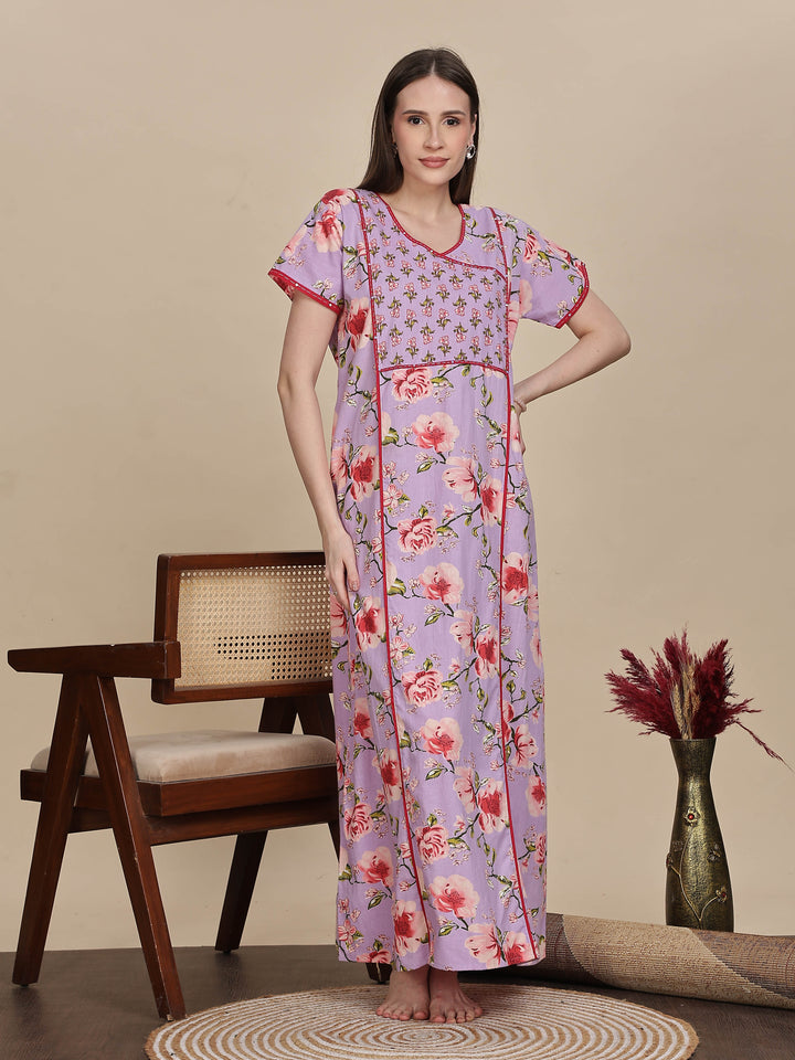 Lavender Floral Print Jaipuri Cotton Maxi Dress