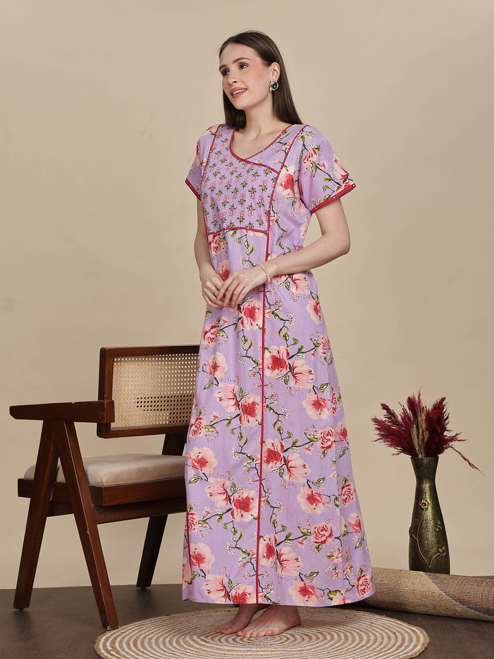 Lavender Floral Print Jaipuri Cotton Maxi Dress