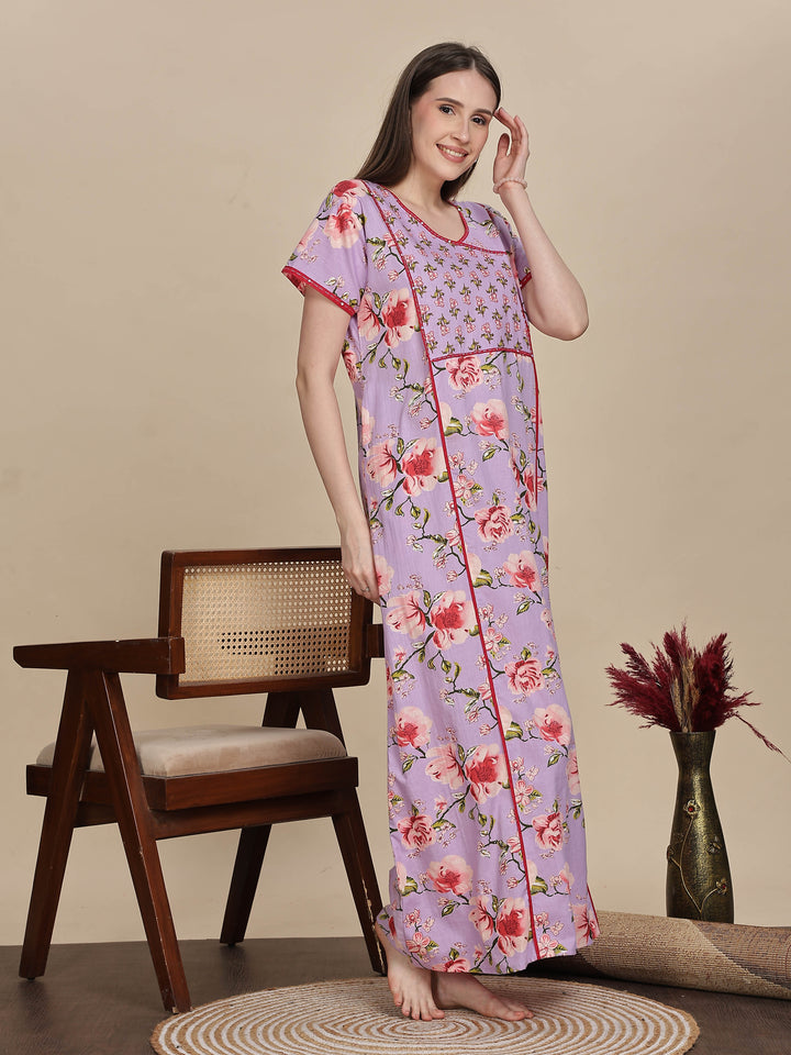 Lavender Floral Print Jaipuri Cotton Maxi Dress