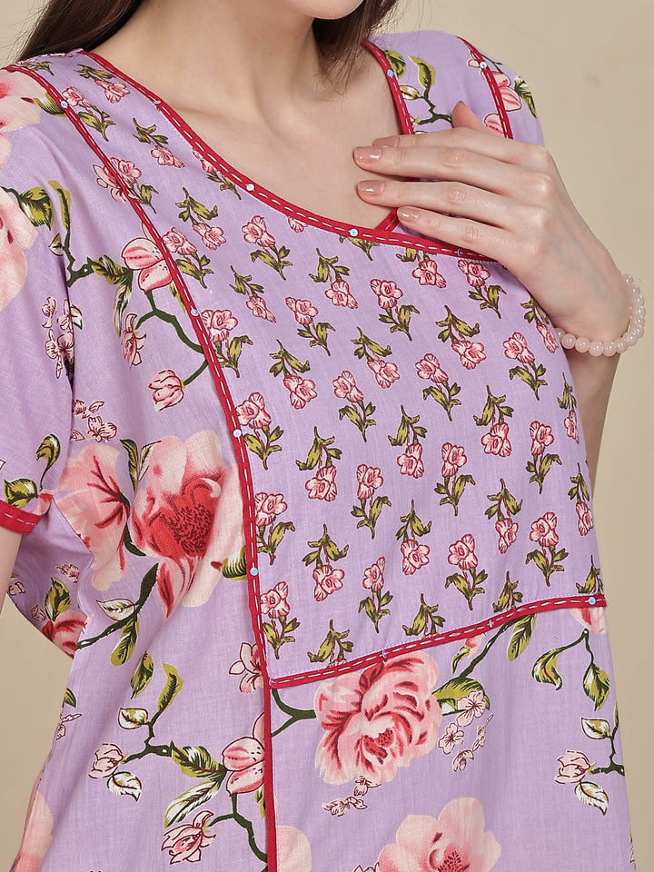 Lavender Floral Print Jaipuri Cotton Maxi Dress