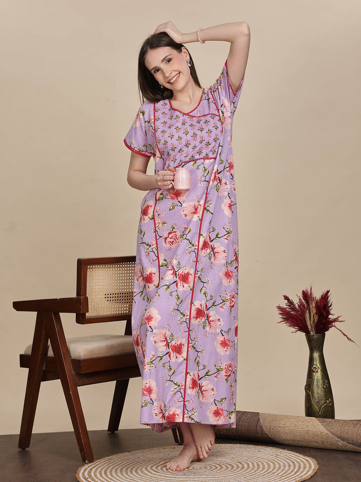 Lavender Floral Print Jaipuri Cotton Maxi Dress