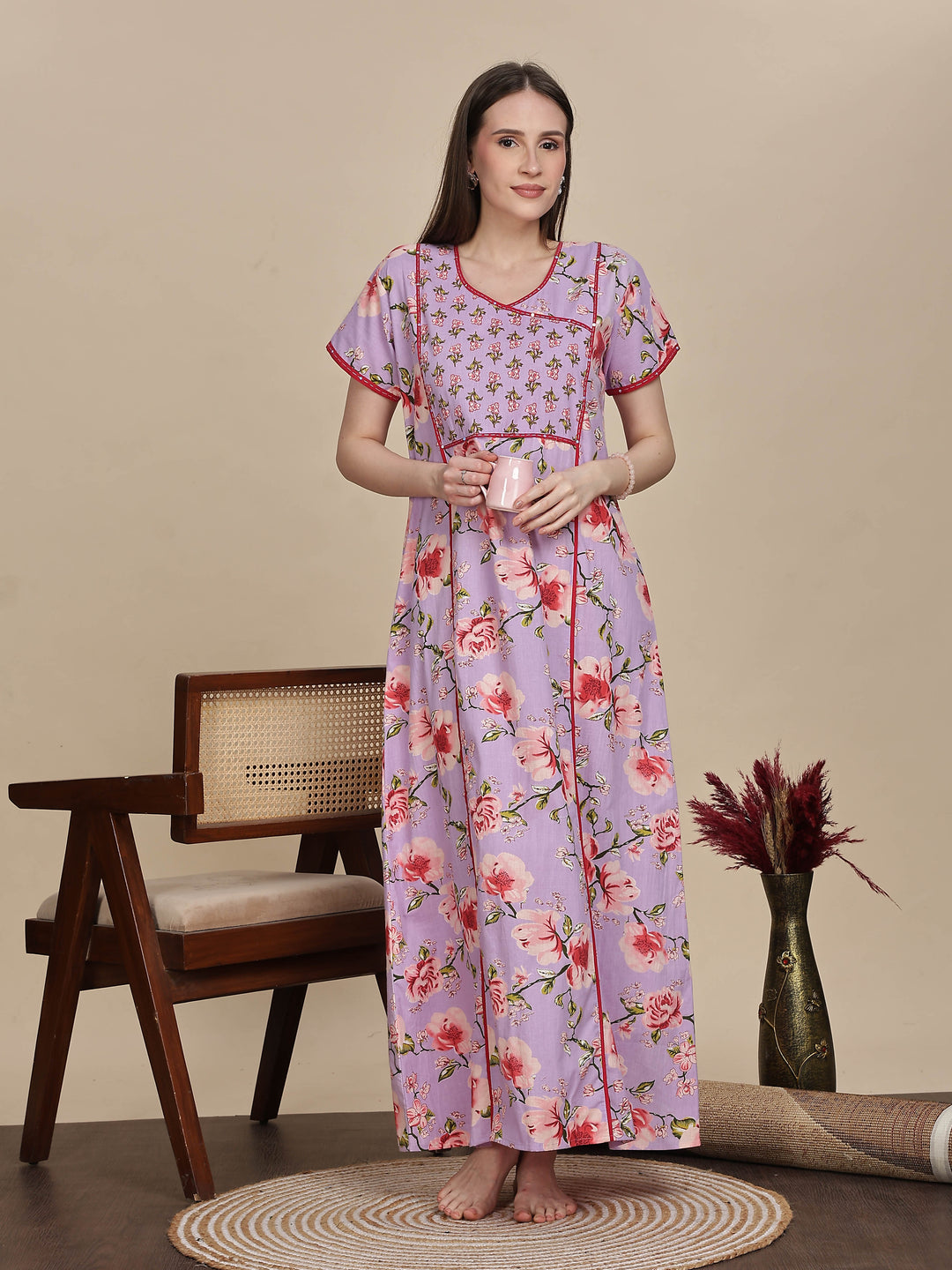 Lavender Floral Print Jaipuri Cotton Maxi Dress