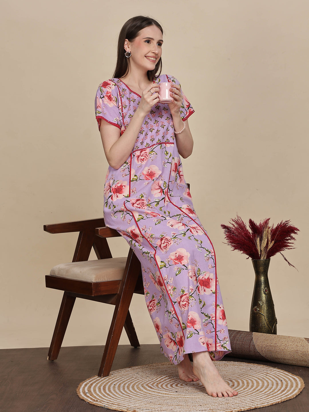 Lavender Floral Print Jaipuri Cotton Maxi Dress