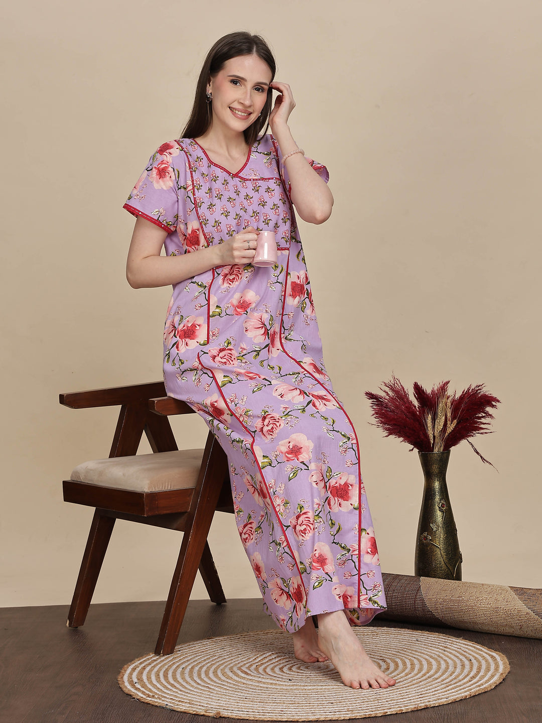 Lavender Floral Print Jaipuri Cotton Maxi Dress