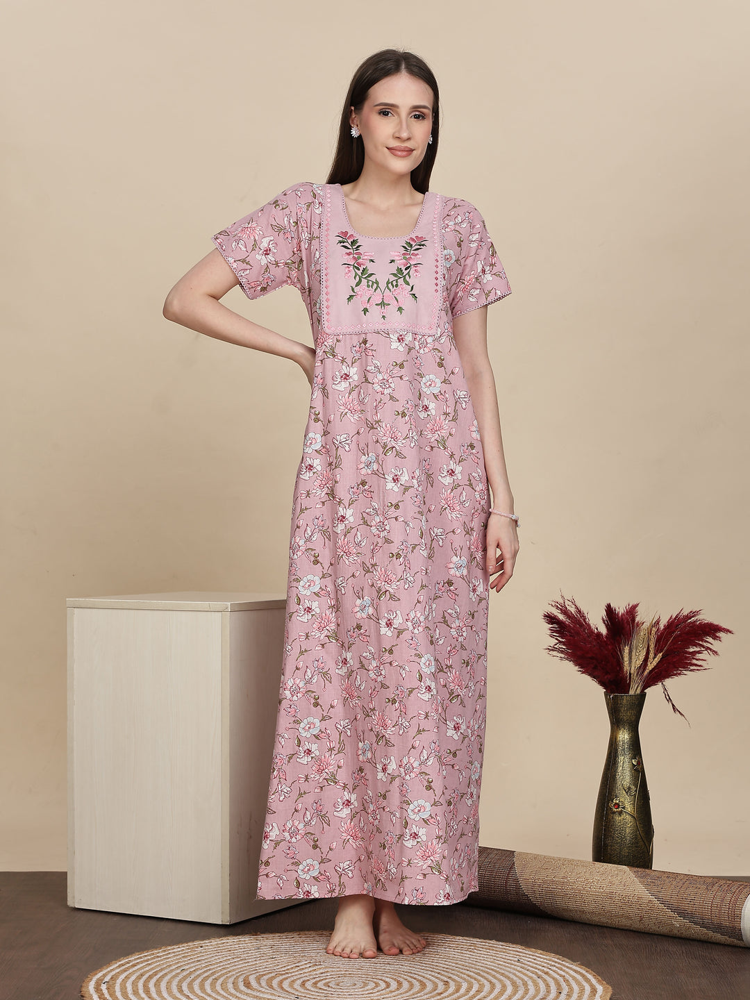 Pastel Pink Cotton Nighty Online with Embroidery Design