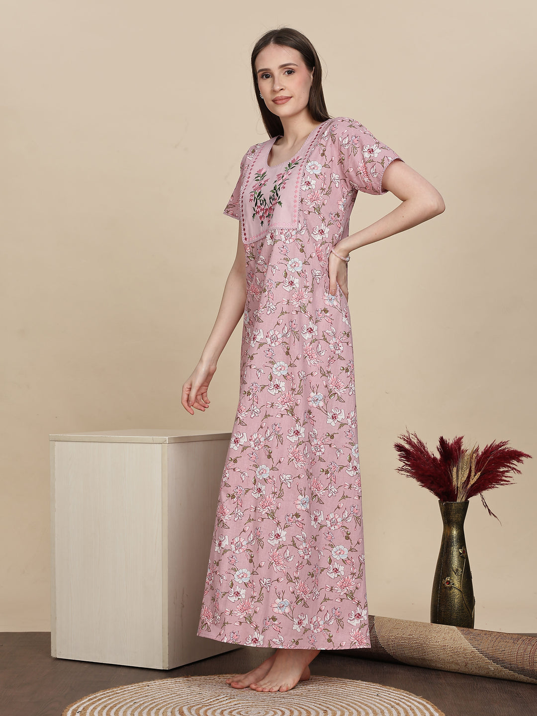 Pastel Pink Cotton Nighty Online with Embroidery Design