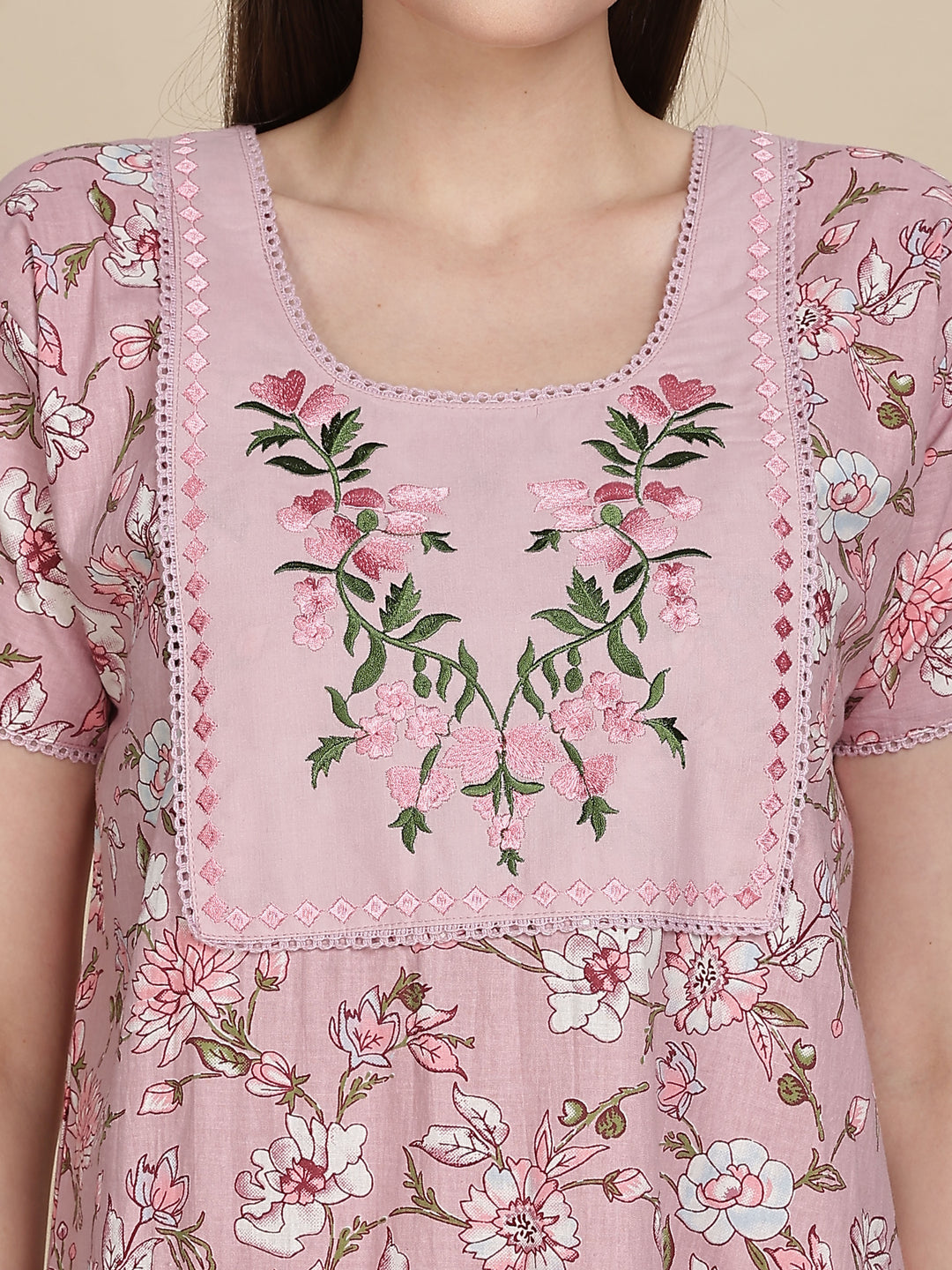 Pastel Pink Cotton Nighty Online with Embroidery Design