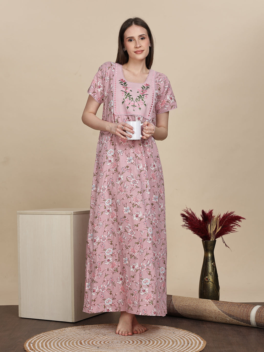 Pastel Pink Cotton Nighty Online with Embroidery Design