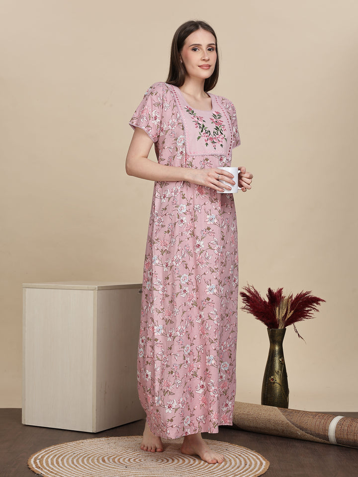 Pastel Pink Cotton Nighty Online with Embroidery Design