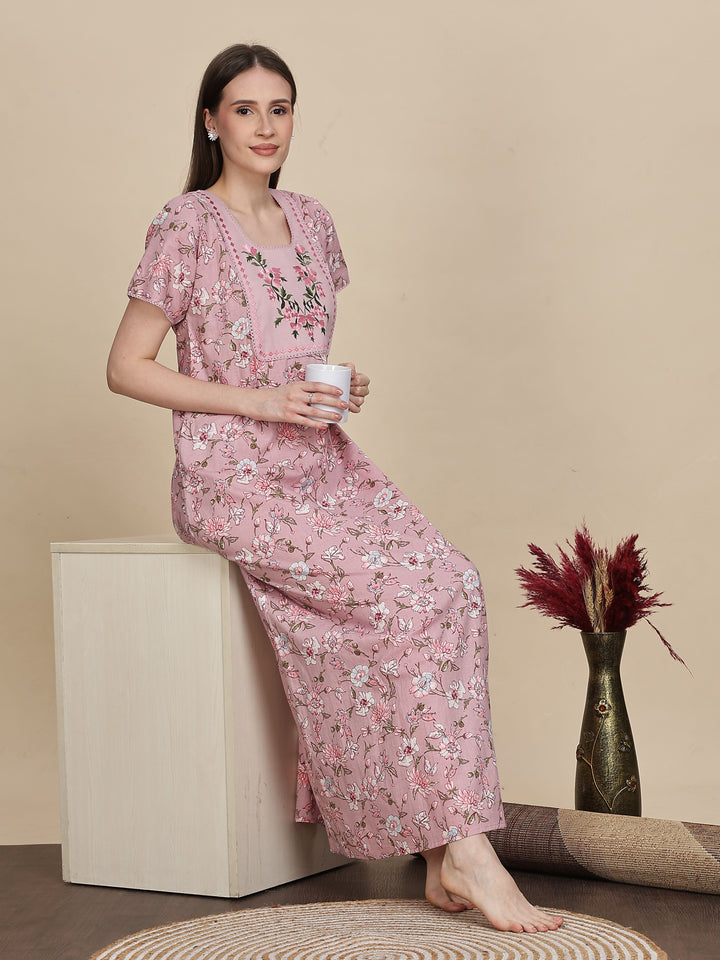 Pastel Pink Cotton Nighty Online with Embroidery Design