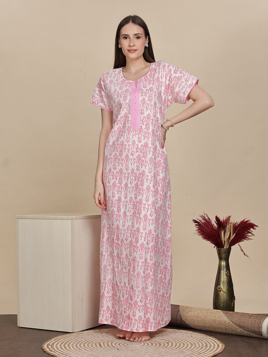 Stylish Pink Lace Cotton Nighty For Women