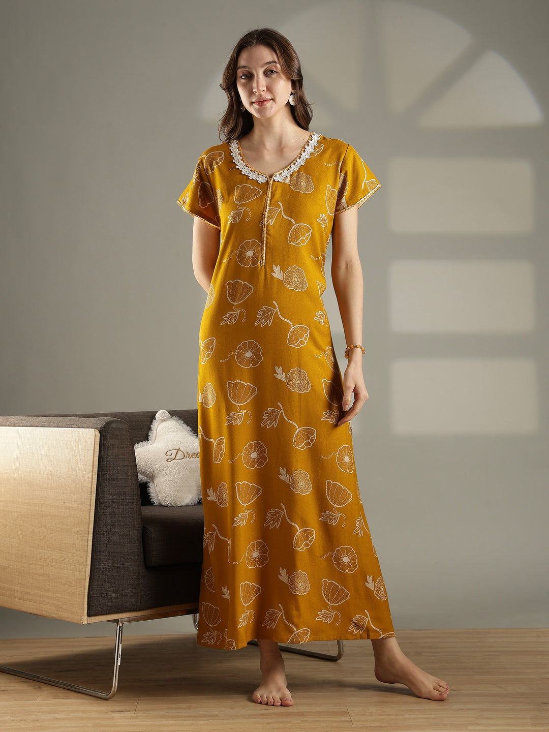 Alpine Floral A Line Nighty in Daisy Mustard with Zip