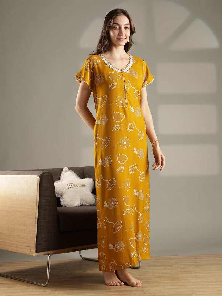 Alpine Floral A Line Nighty in Daisy Mustard with Zip