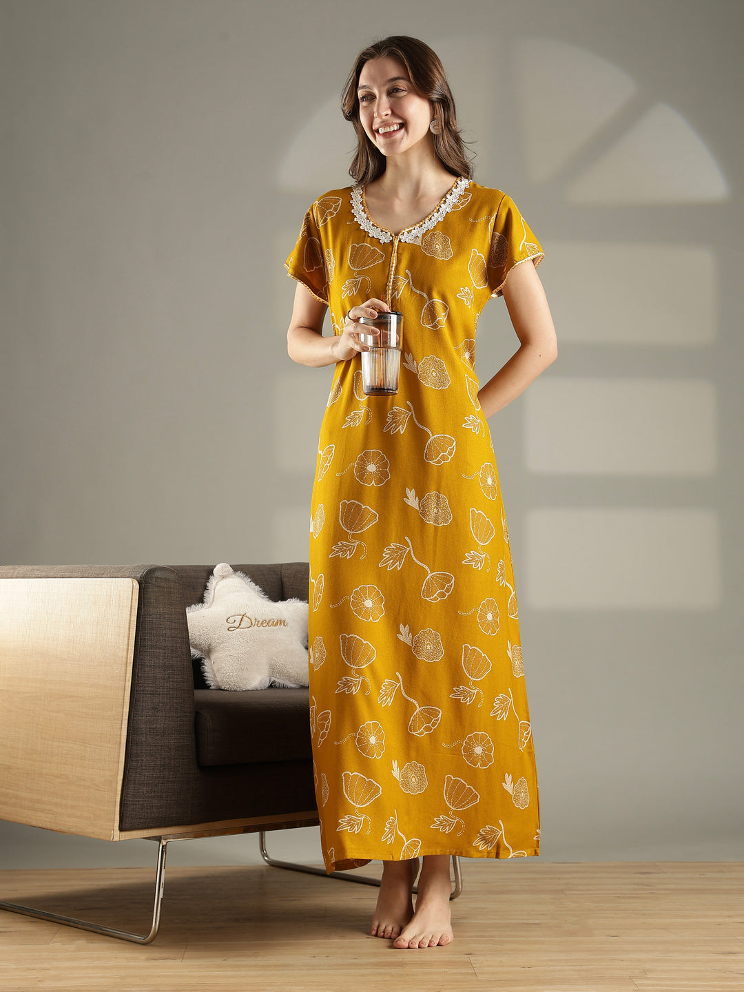 Alpine Floral A Line Nighty in Daisy Mustard with Zip