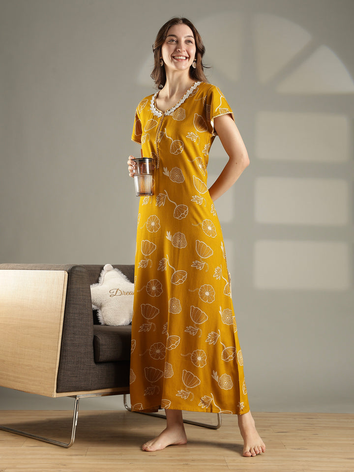 Alpine Floral A Line Nighty in Daisy Mustard with Zip