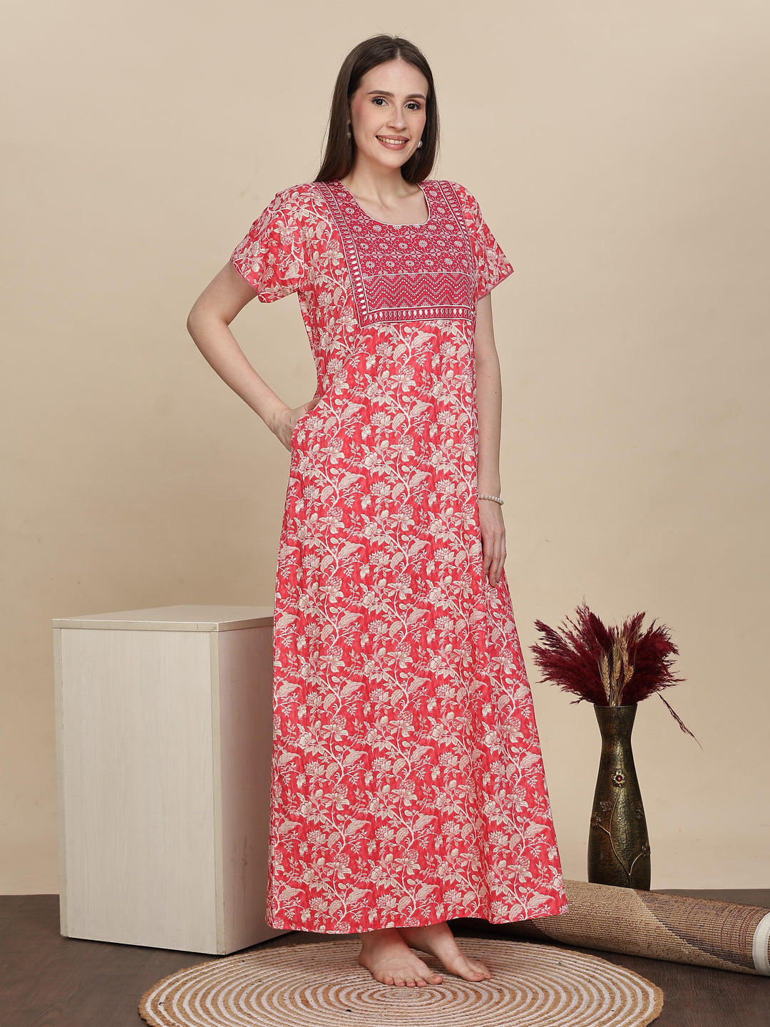 Floral Embroidered Red Pink Cotton Nighty for Women 