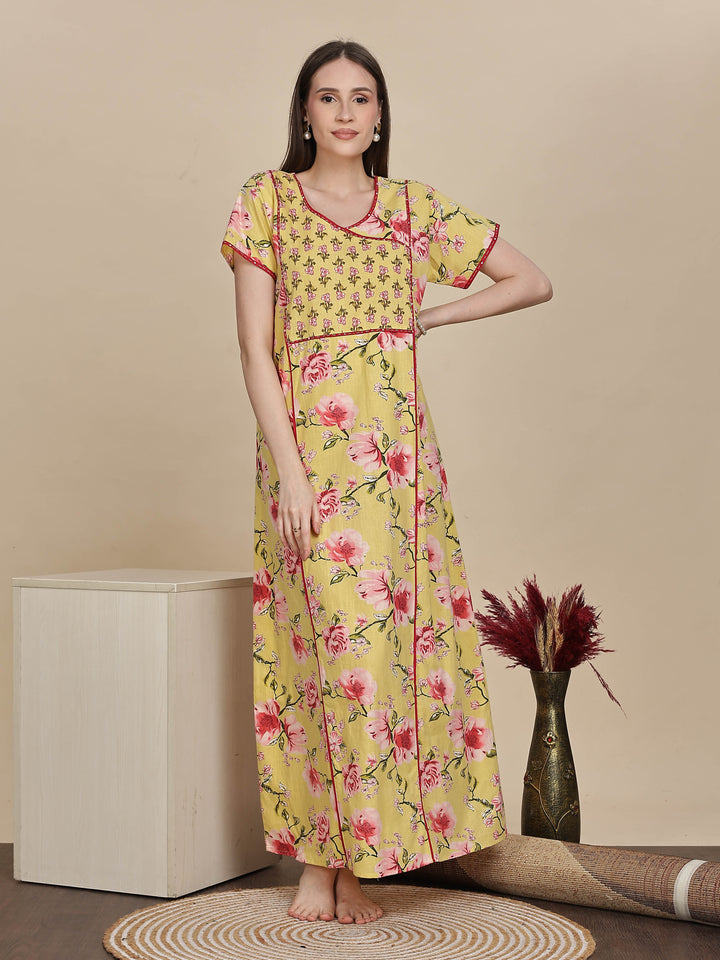 Floral Print Lemon Yellow Jaipuri Cotton Nighty Online