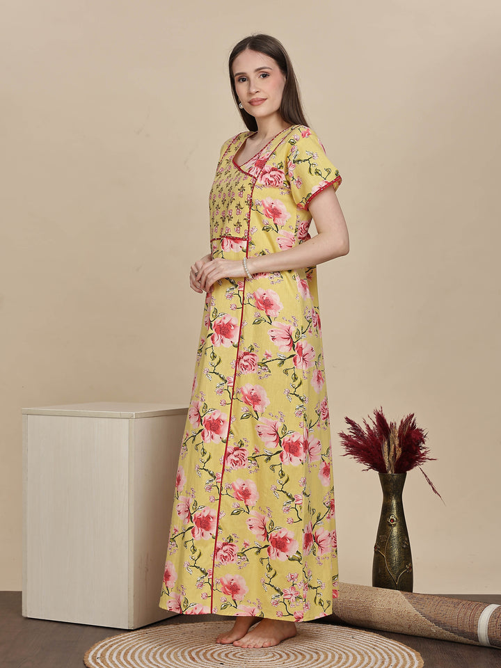 Floral Print Lemon Yellow Jaipuri Cotton Nighty Online