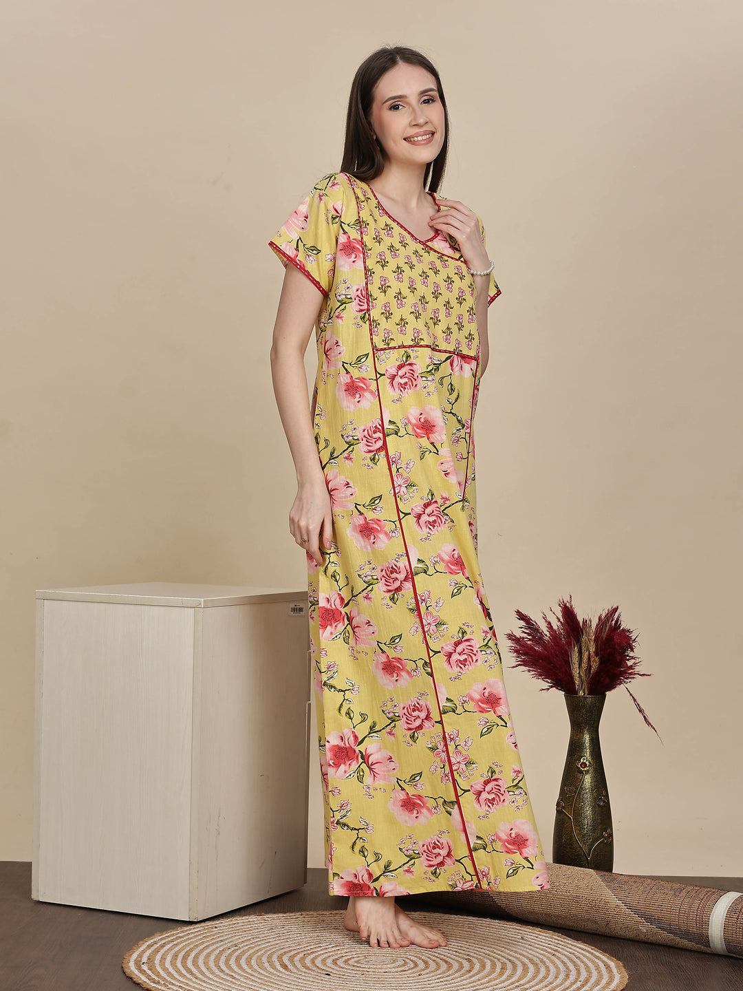 Floral Print Lemon Yellow Jaipuri Cotton Nighty Online