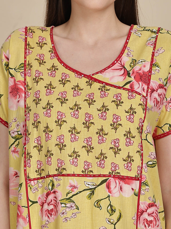 Floral Print Lemon Yellow Jaipuri Cotton Nighty Online