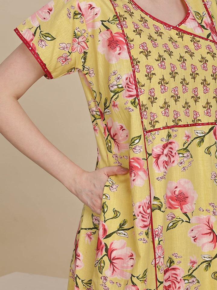 Floral Print Lemon Yellow Jaipuri Cotton Nighty Online